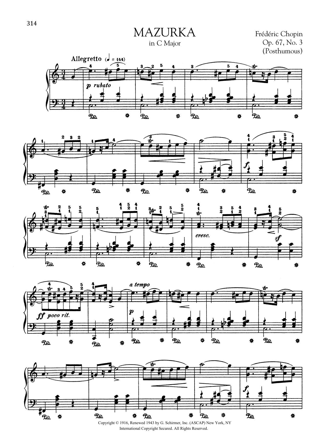 Frédéric Chopin Mazurka in C Major, Op. 67, No. 3 (Posthumous) Sheet Music Notes & Chords for Piano Solo - Download or Print PDF