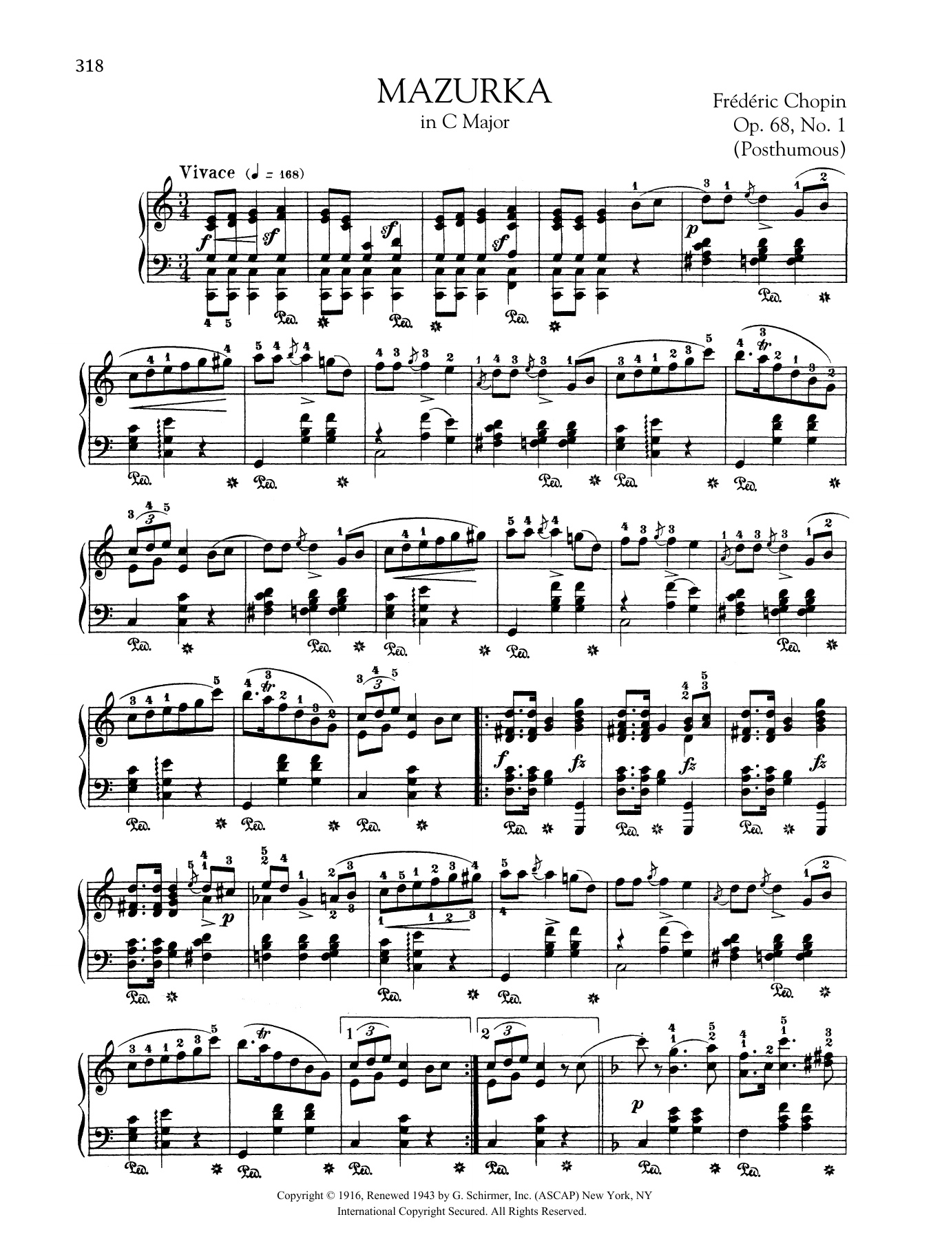Frédéric Chopin Mazurka in C Major, Op. 68, No. 1 (Posthumous) Sheet Music Notes & Chords for Piano Solo - Download or Print PDF
