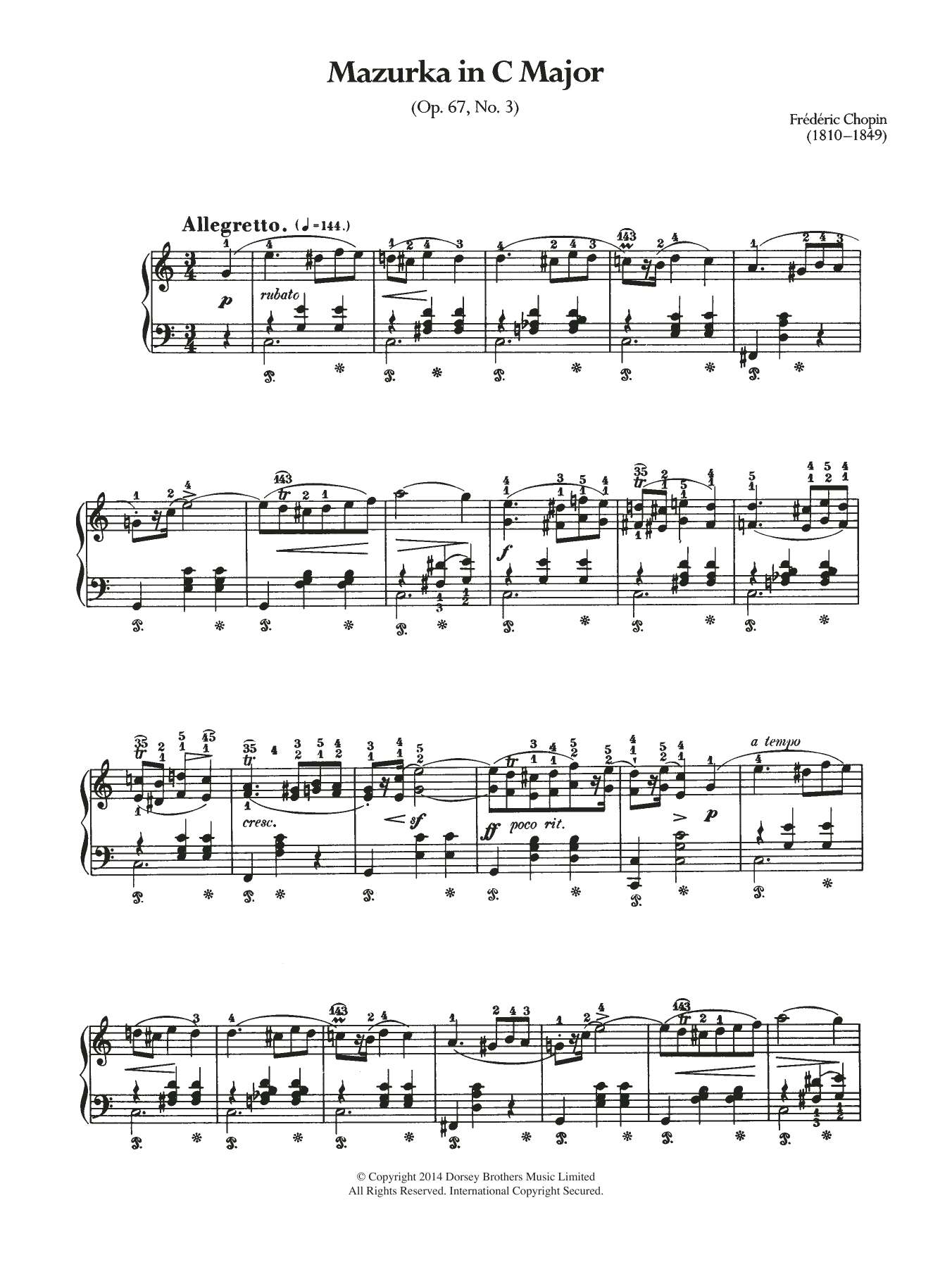 Frédéric Chopin Mazurka In C Major, Op.67 No.3 Sheet Music Notes & Chords for Piano - Download or Print PDF