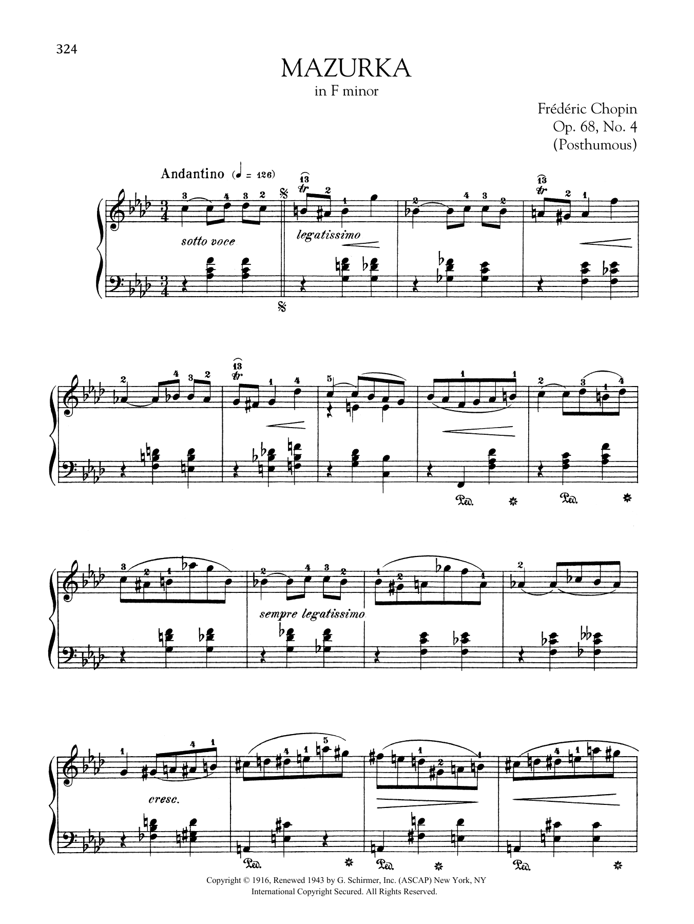 Frédéric Chopin Mazurka in F minor, Op.68, No. 4 (Posthumous) Sheet Music Notes & Chords for Piano Solo - Download or Print PDF