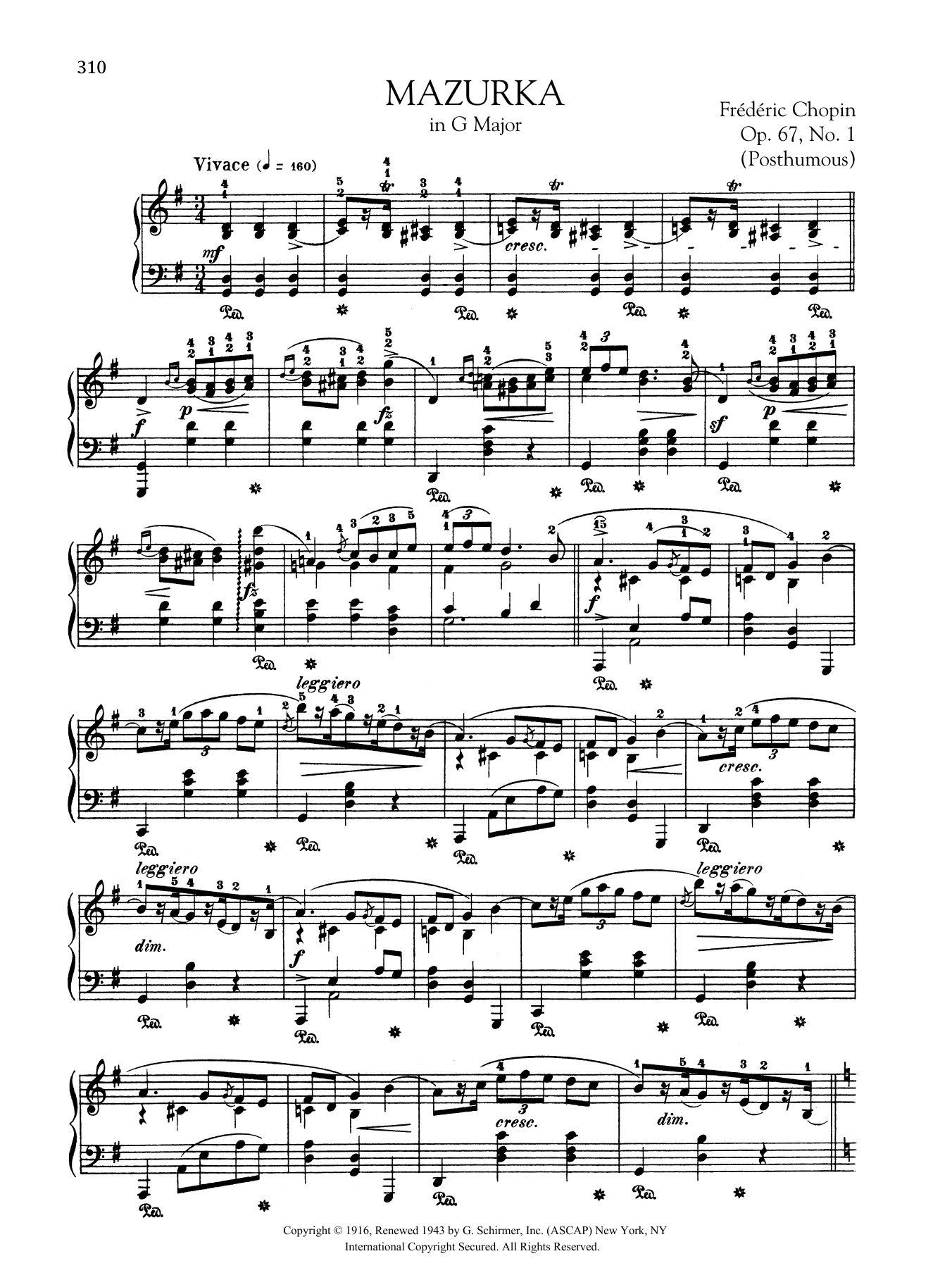 Frédéric Chopin Mazurka in G Major, Op. 67, No. 1 (Posthumous) Sheet Music Notes & Chords for Piano Solo - Download or Print PDF