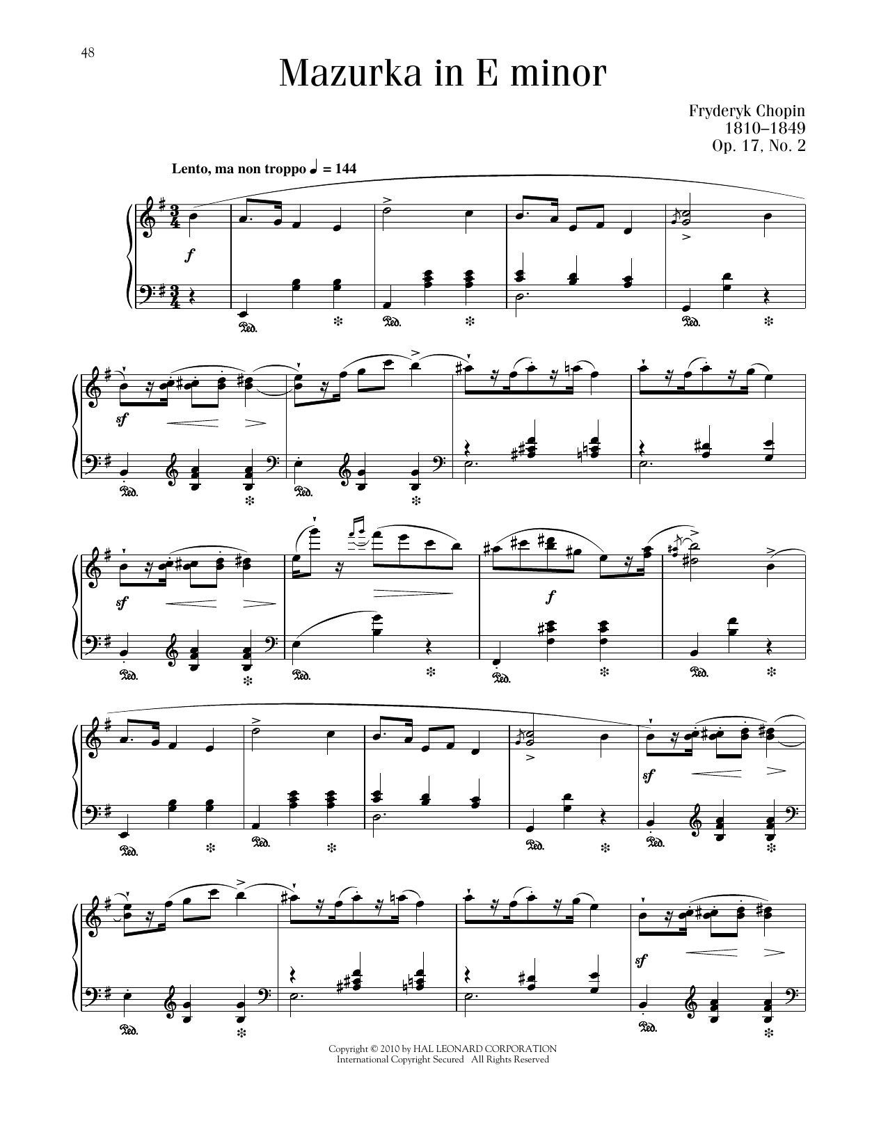 Frederic Chopin Mazurka, Op. 17, No. 2 Sheet Music Notes & Chords for Piano Solo - Download or Print PDF