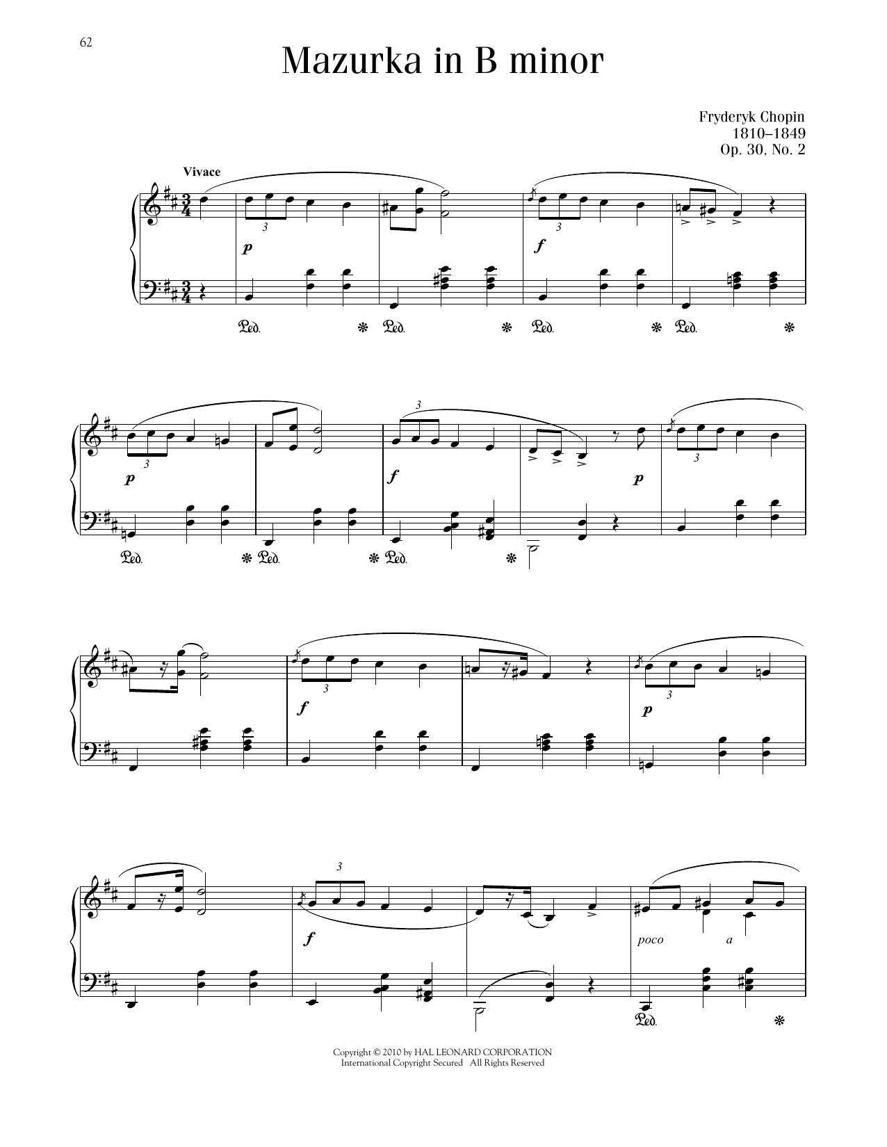 Frédéric Chopin Mazurka, Op. 30, No. 2 Sheet Music Notes & Chords for Piano Solo - Download or Print PDF