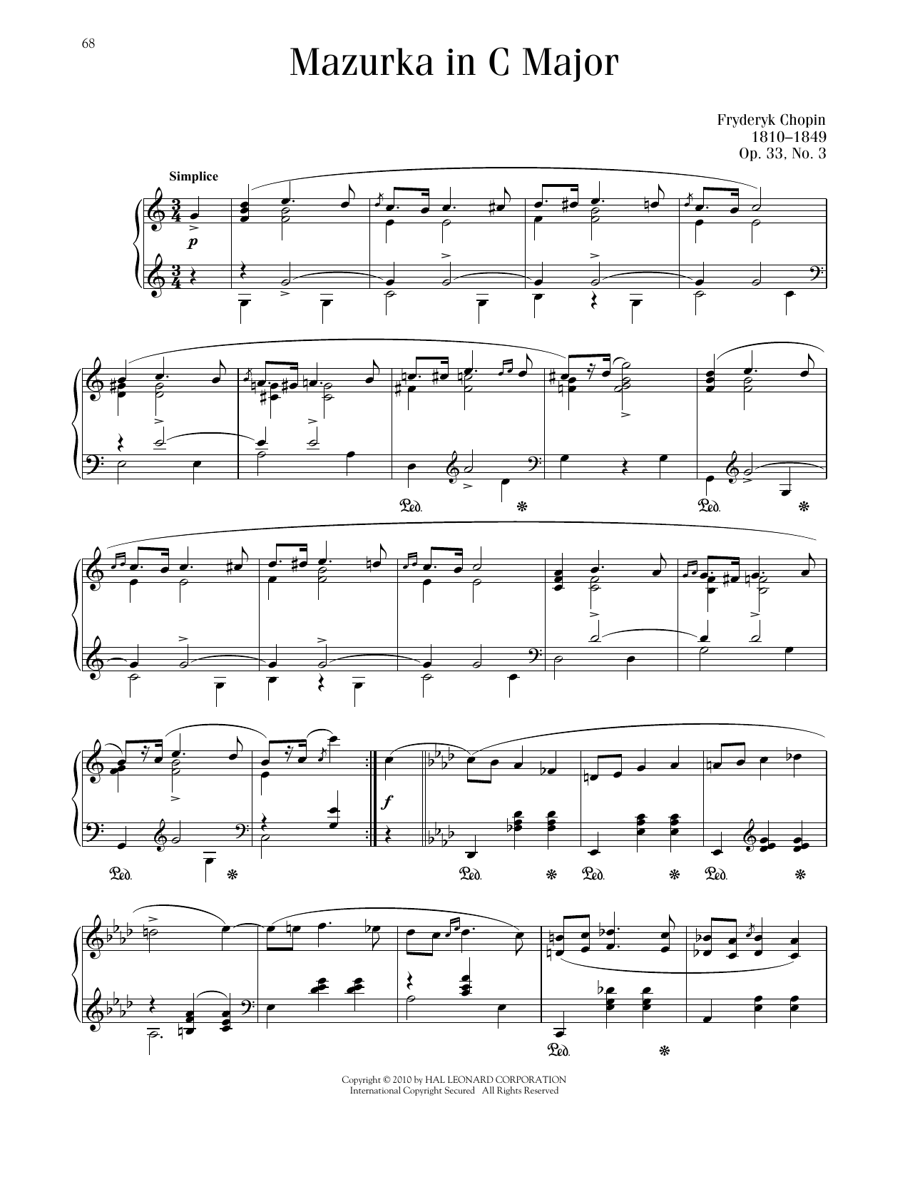 Frédéric Chopin Mazurka, Op. 33, No. 3 Sheet Music Notes & Chords for Piano Solo - Download or Print PDF