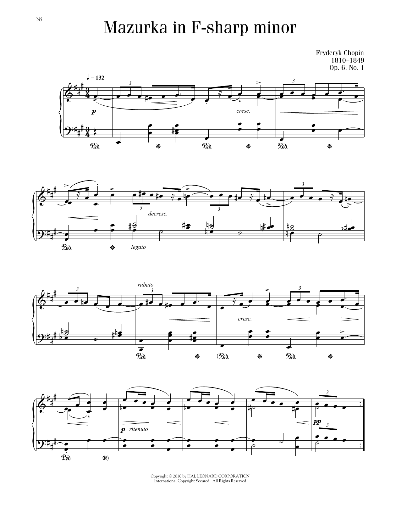Frédéric Chopin Mazurka, Op. 6, No. 1 Sheet Music Notes & Chords for Piano Solo - Download or Print PDF