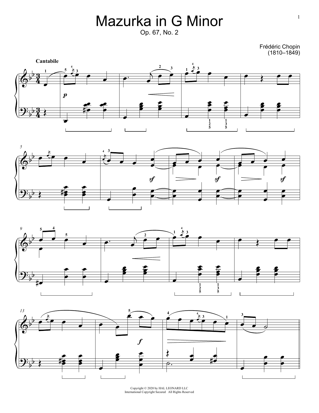 Frederic Chopin Mazurka, Op. 67, No. 2 Sheet Music Notes & Chords for Educational Piano - Download or Print PDF