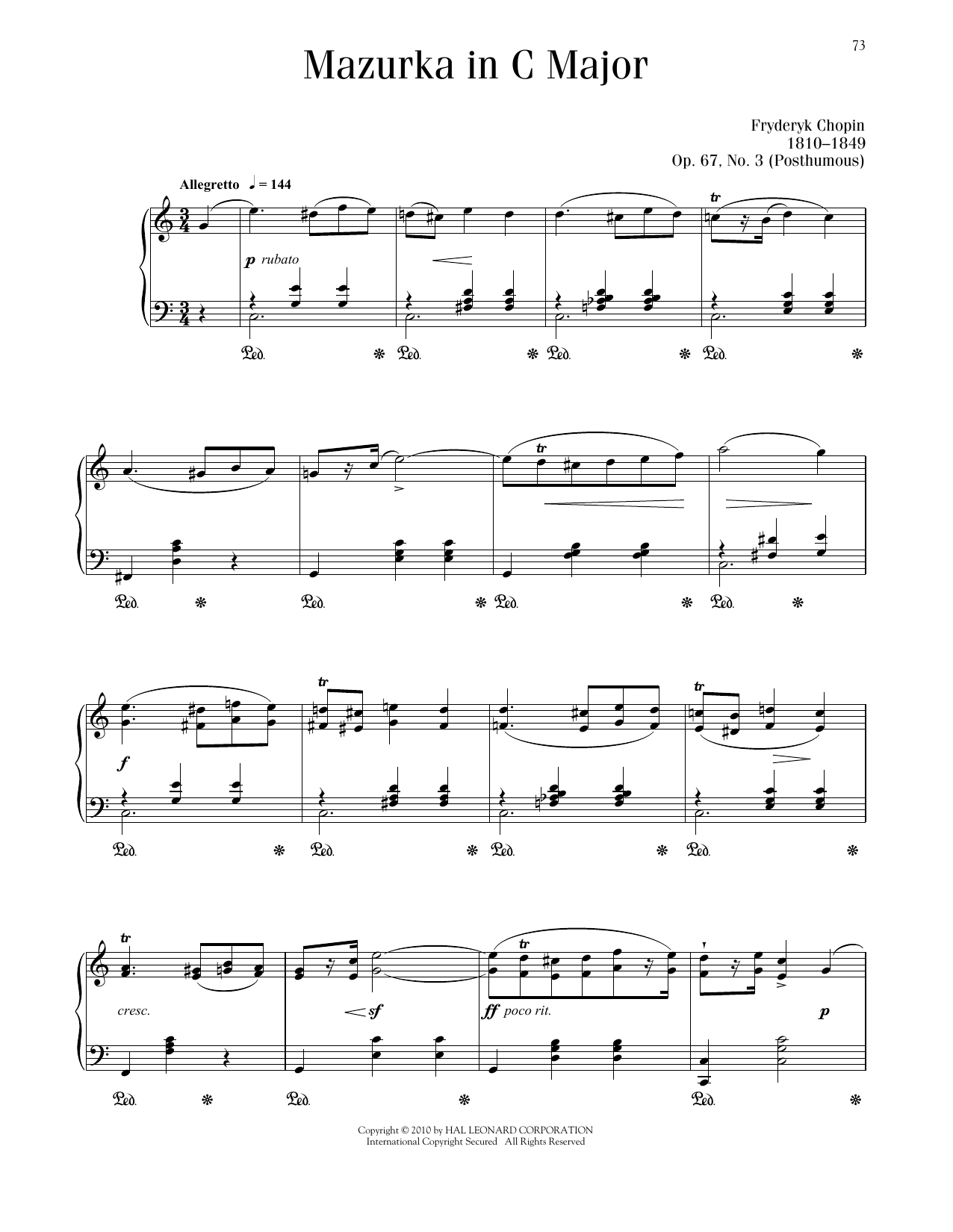 Frédéric Chopin Mazurka, Op. 67, No. 3 Sheet Music Notes & Chords for Piano Solo - Download or Print PDF