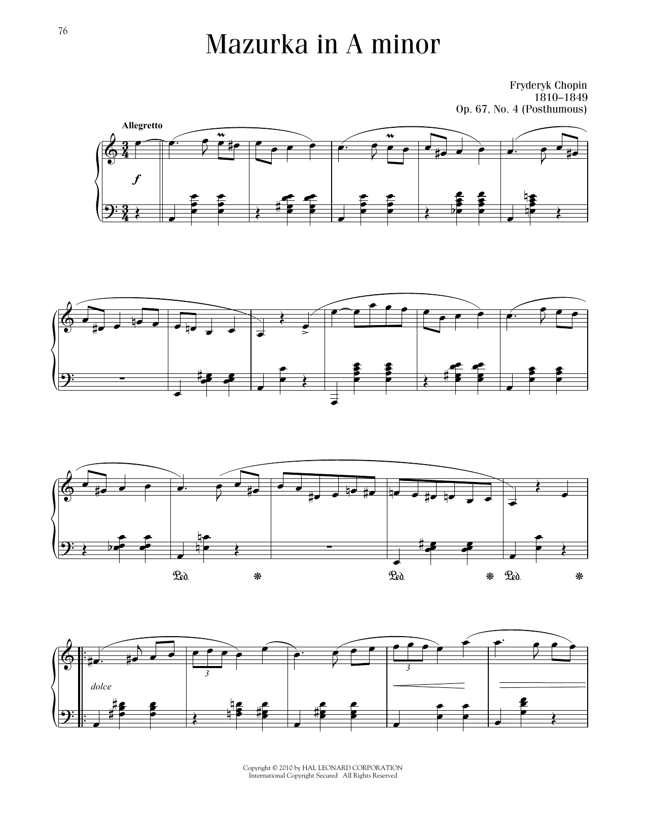 Frédéric Chopin Mazurka, Op. 67, No. 4 Sheet Music Notes & Chords for Piano Solo - Download or Print PDF