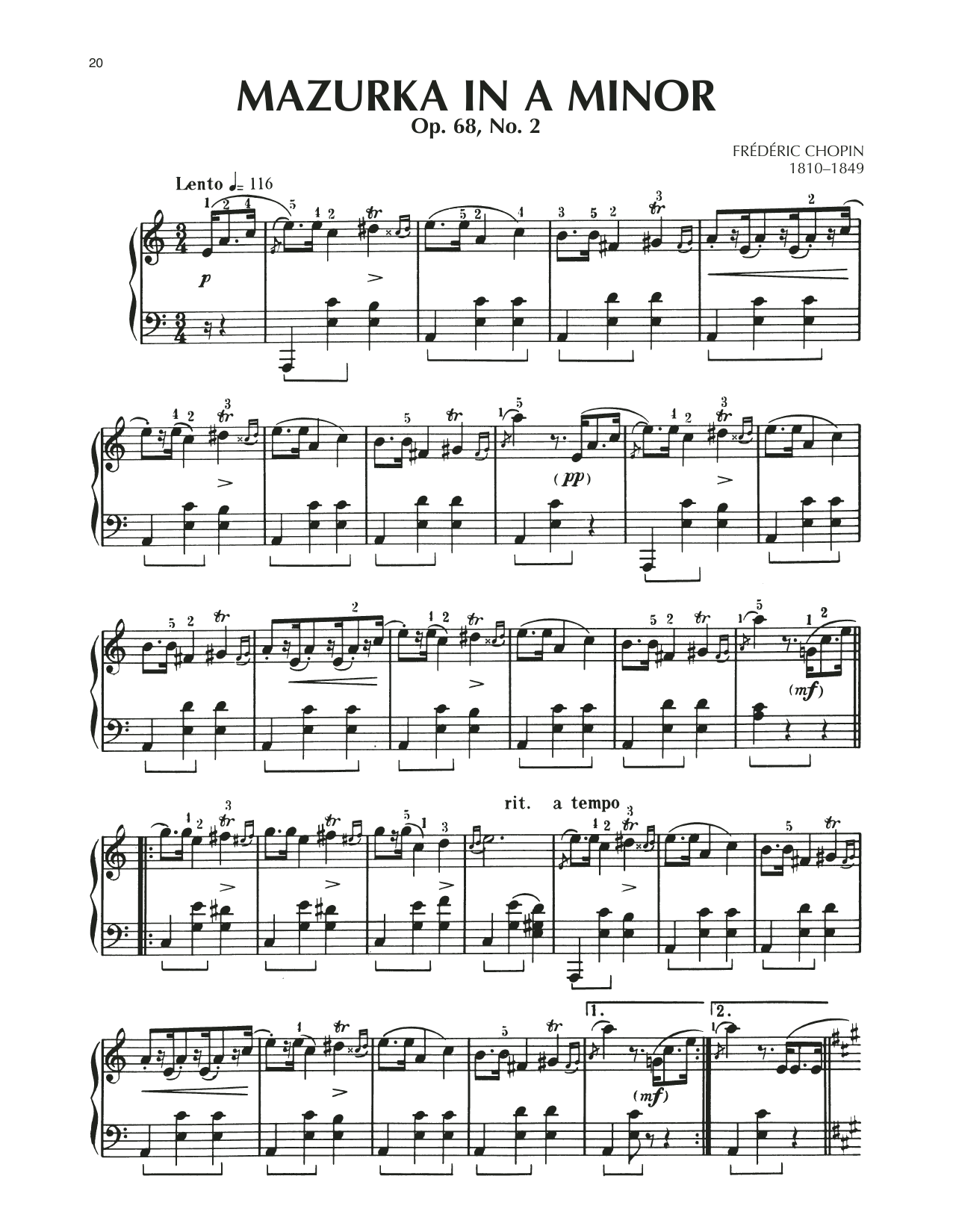 Frédéric Chopin Mazurka, Op. 68, No. 2 Sheet Music Notes & Chords for Piano Solo - Download or Print PDF