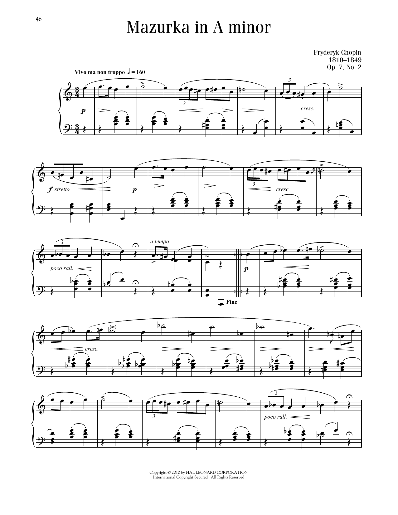 Frédéric Chopin Mazurka, Op. 7, No. 2 Sheet Music Notes & Chords for Piano Solo - Download or Print PDF
