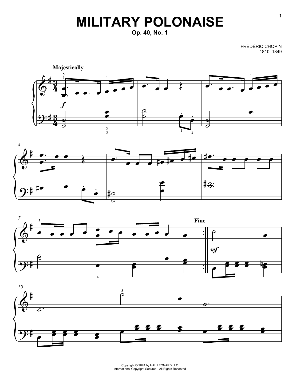 Frederic Chopin Military Polonaise, Op. 40, No. 1 Sheet Music Notes & Chords for Easy Piano - Download or Print PDF
