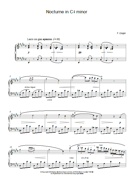 Frederic Chopin Nocturne In C# Minor Sheet Music Notes & Chords for Piano - Download or Print PDF
