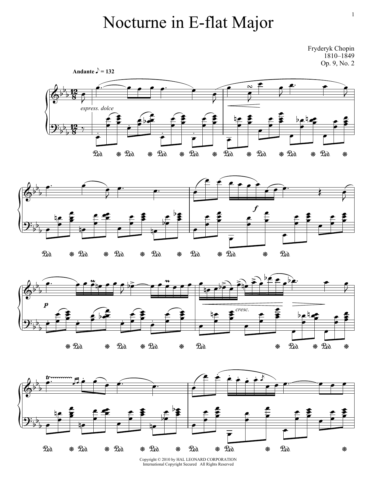 Frédéric Chopin Nocturne in E-flat Major, Op. 9, No. 2 Sheet Music Notes & Chords for Piano Solo - Download or Print PDF