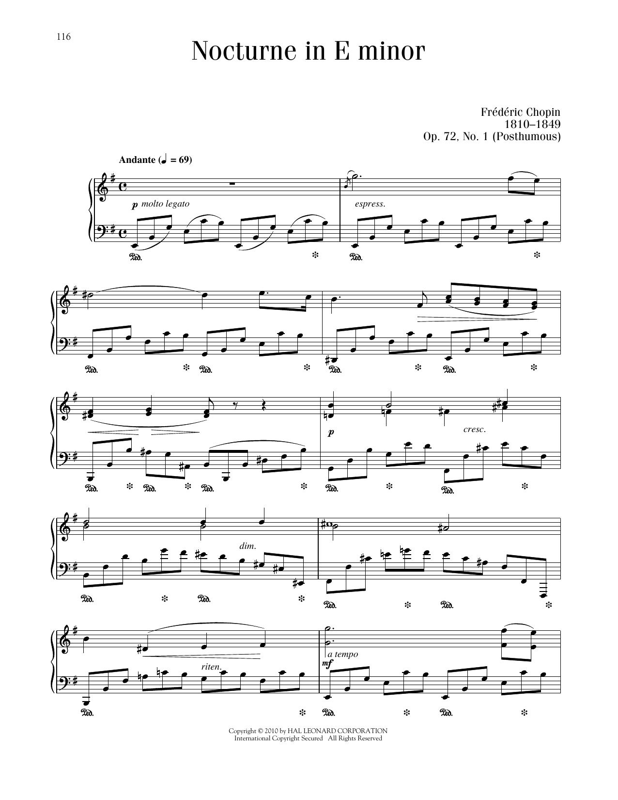 Frédéric Chopin Nocturne, Op. 72, No. 1 Sheet Music Notes & Chords for Piano Solo - Download or Print PDF