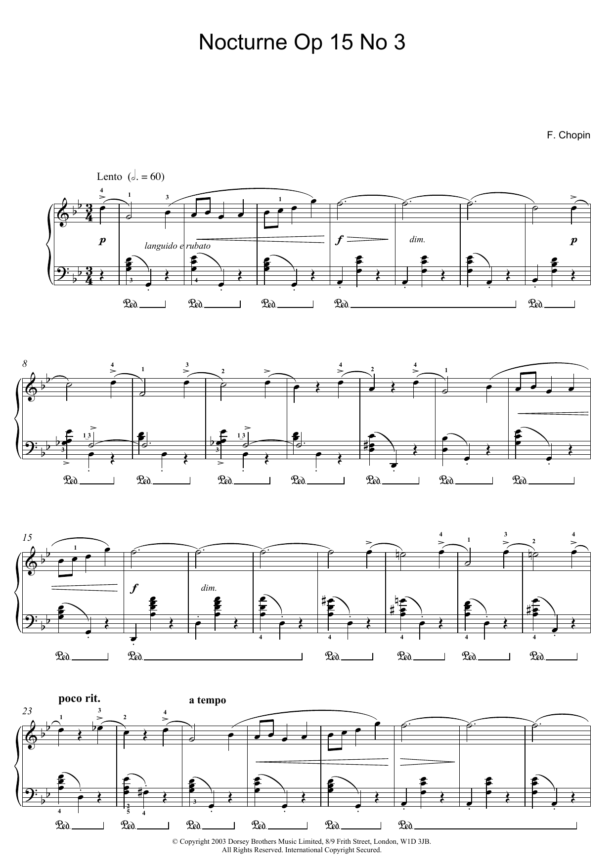 Frédéric Chopin Nocturne Op.15, No.3 Sheet Music Notes & Chords for Piano - Download or Print PDF
