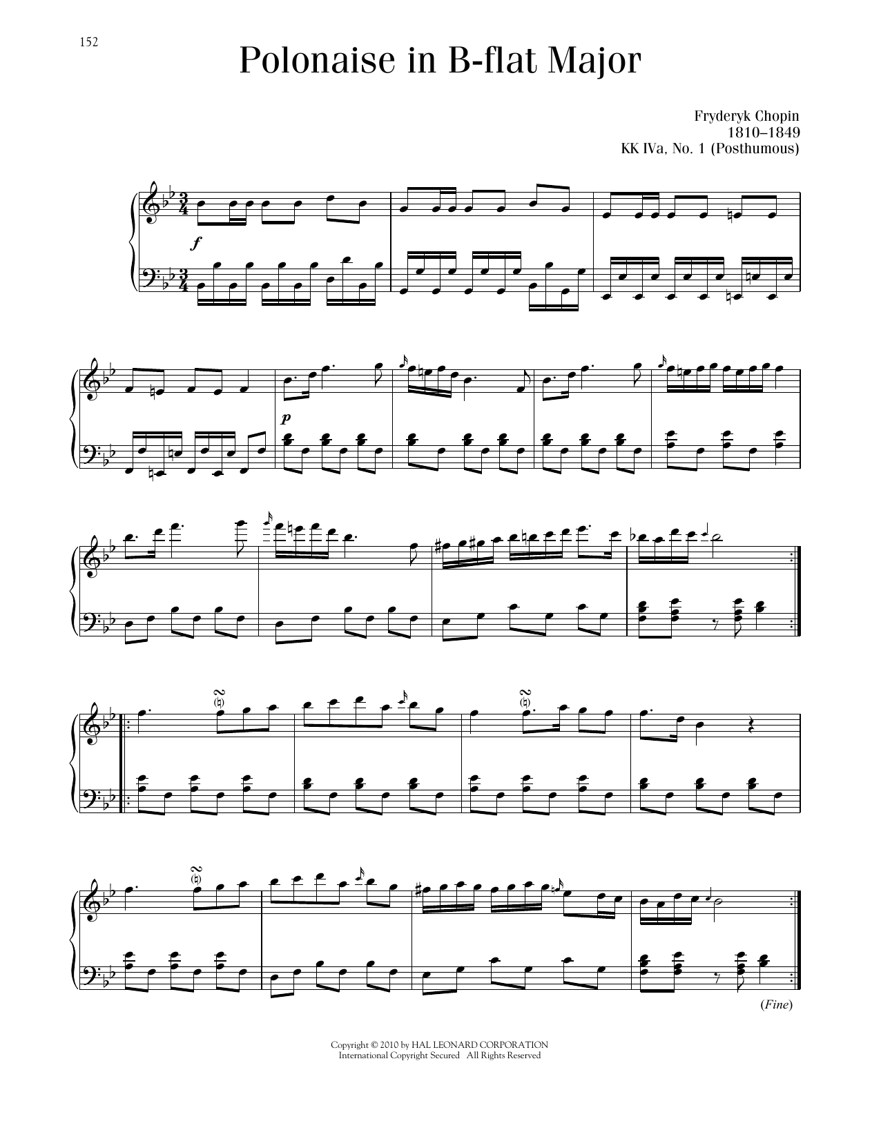 Frédéric Chopin Polonaise In B-Flat Major, KK IVa, No. 1 Sheet Music Notes & Chords for Piano Solo - Download or Print PDF
