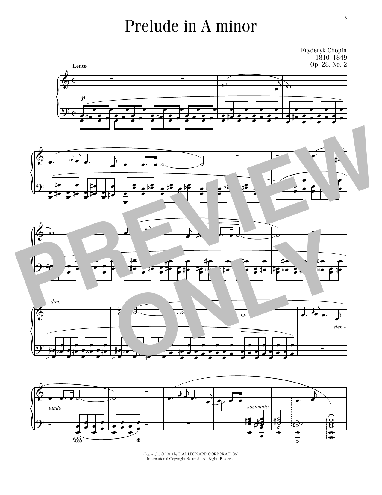 Frédéric Chopin Prélude in A minor, Op. 28, No. 2 Sheet Music Notes & Chords for Piano Solo - Download or Print PDF