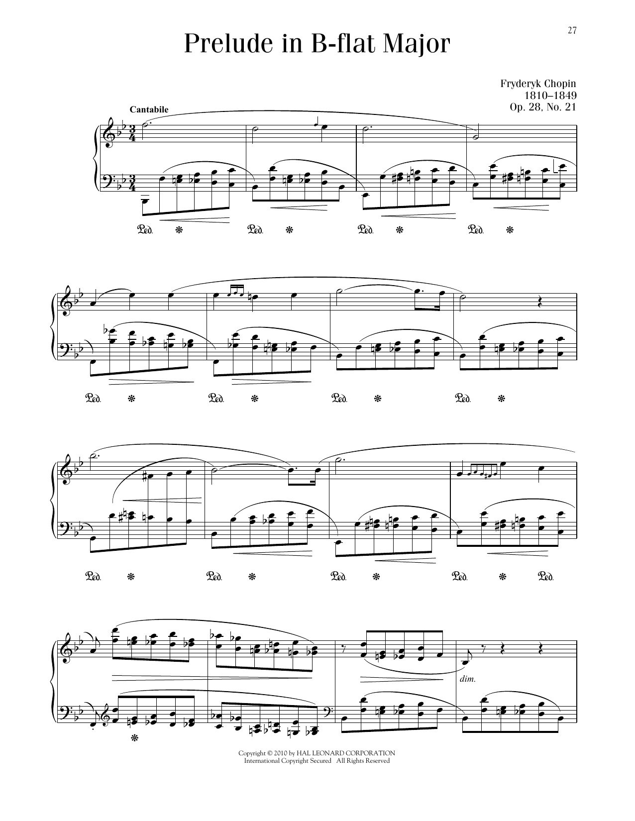 Frédéric Chopin Prélude in B-flat Major, Op. 28, No. 21 Sheet Music Notes & Chords for Piano Solo - Download or Print PDF
