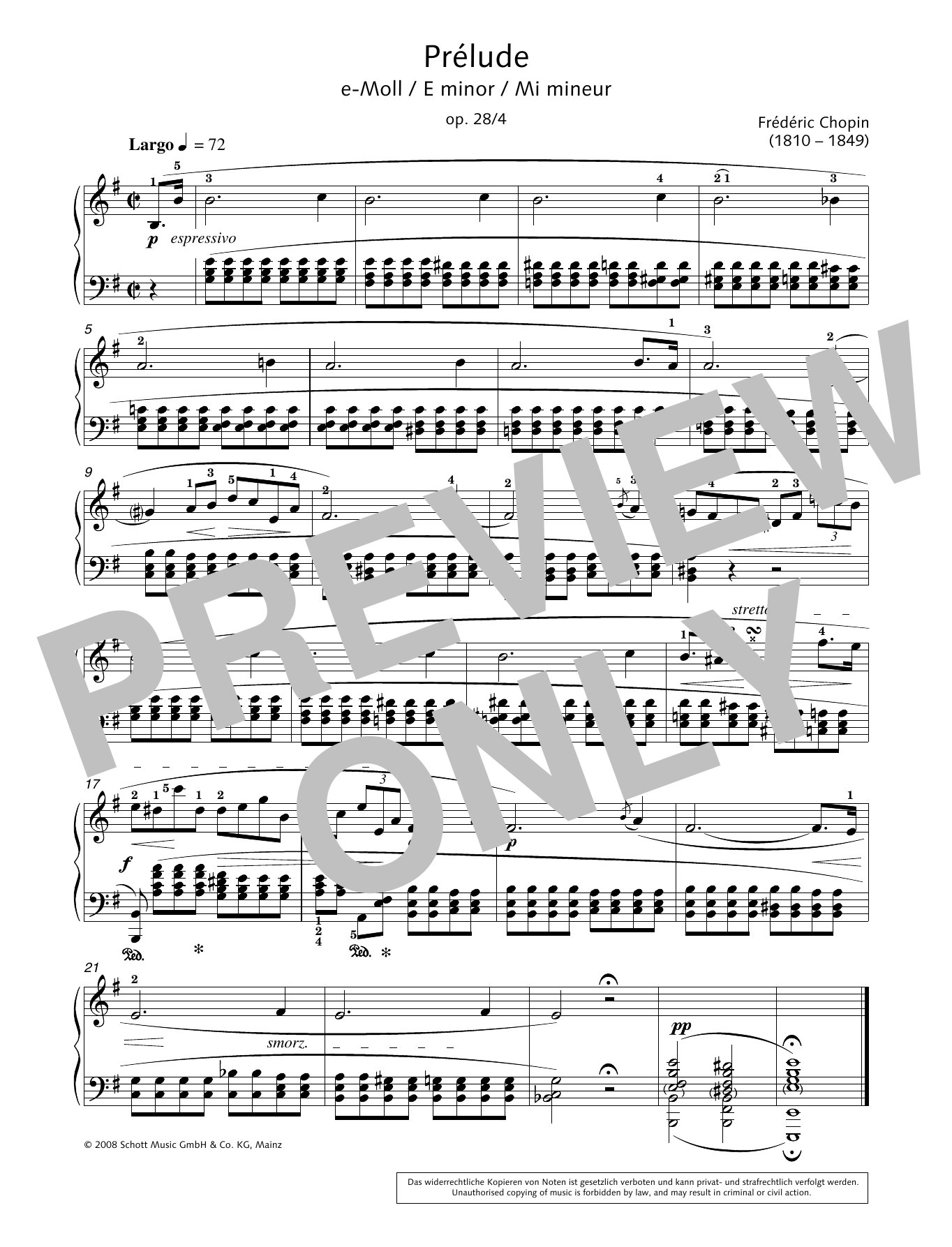 Frédéric Chopin Prelude in E Minor Sheet Music Notes & Chords for Piano Solo - Download or Print PDF