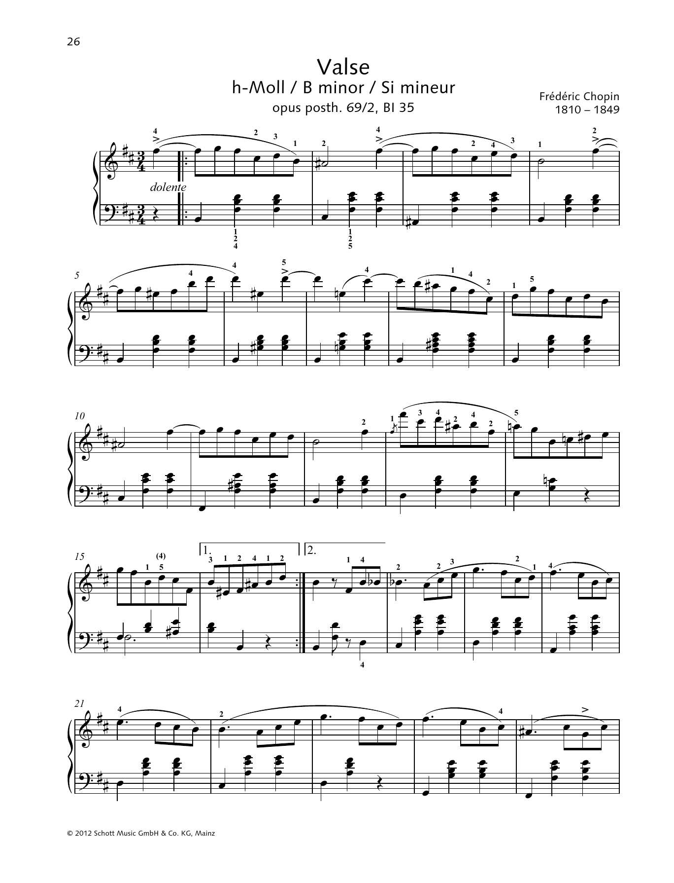 Frédéric Chopin Valse B minor Sheet Music Notes & Chords for Piano Solo - Download or Print PDF