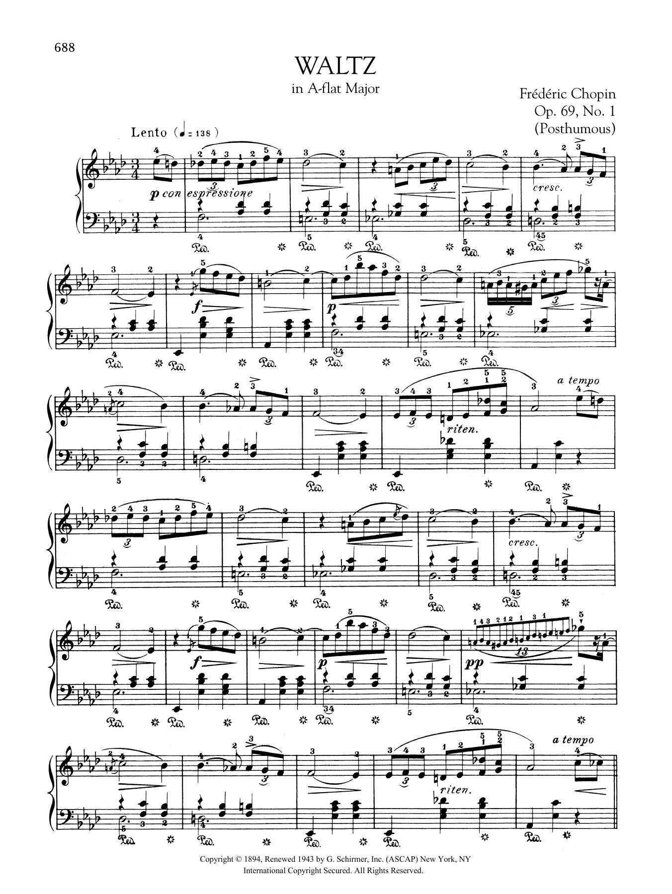 Frédéric Chopin Waltz in A-flat Major, Op. 69, No. 1 (Posthumous) Sheet Music Notes & Chords for Piano Solo - Download or Print PDF