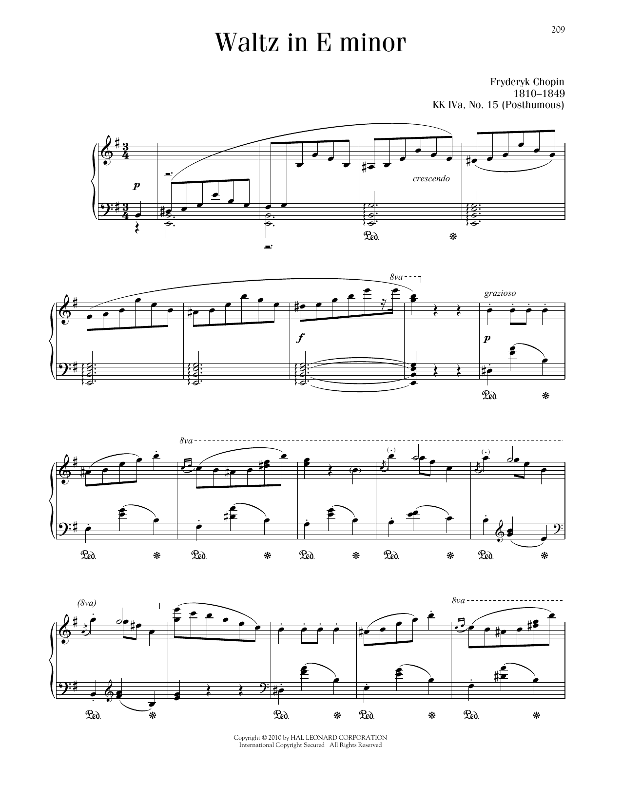 Frédéric Chopin Waltz in E minor, KK. IVa, No. 15 Sheet Music Notes & Chords for Piano Solo - Download or Print PDF