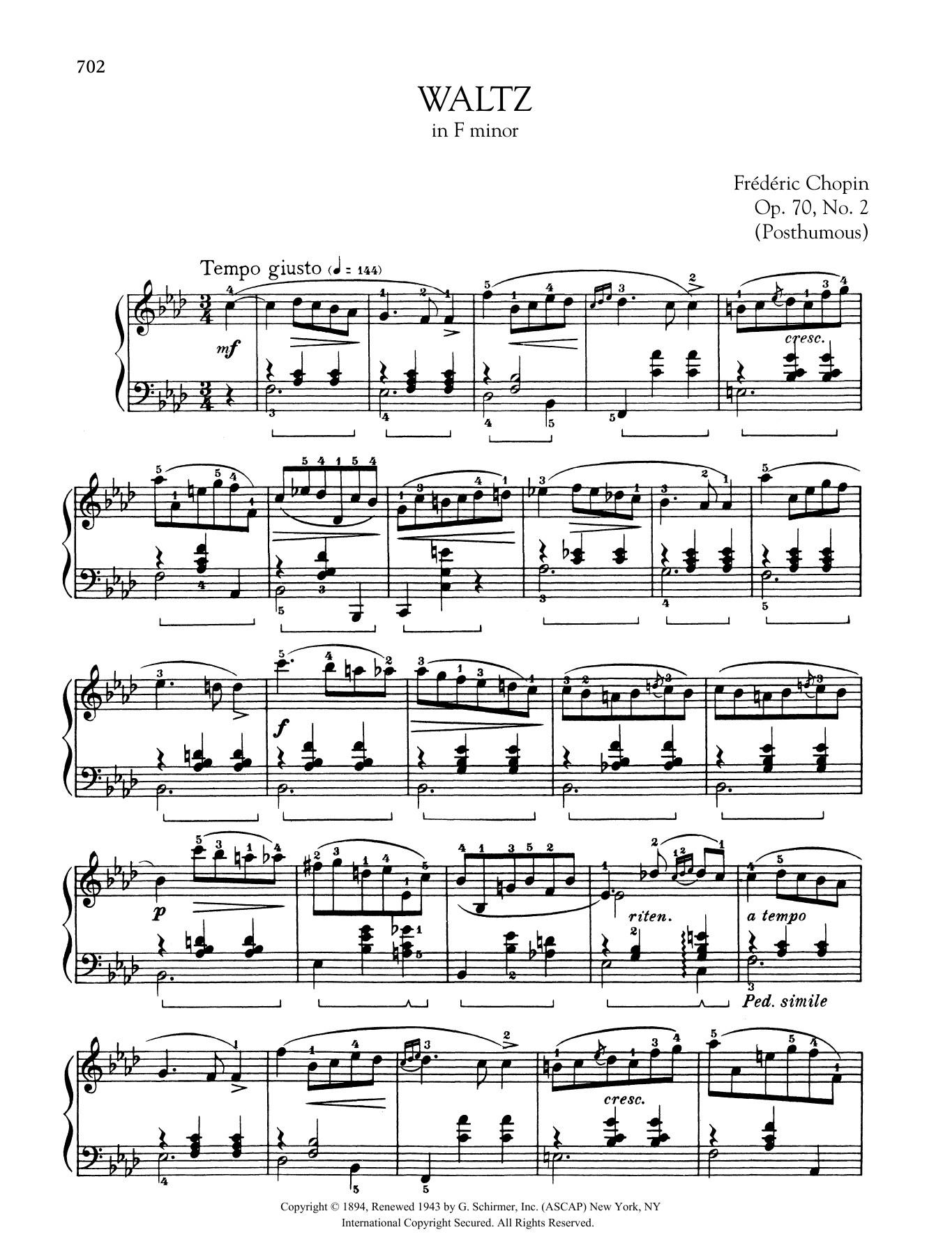 Frédéric Chopin Waltz in F minor, Op. 70, No. 2 (Posthumous) Sheet Music Notes & Chords for Piano Solo - Download or Print PDF