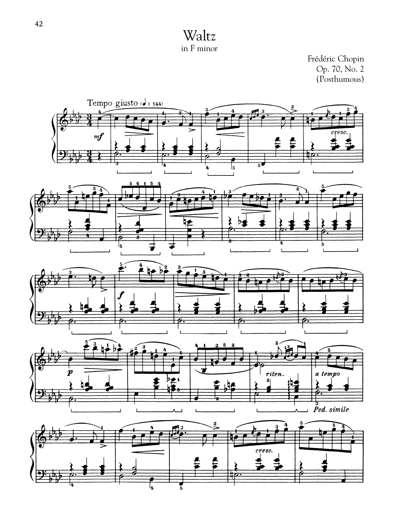 Frédéric Chopin Waltz In F Minor, Op. 70, No. 2 Sheet Music Notes & Chords for Piano - Download or Print PDF