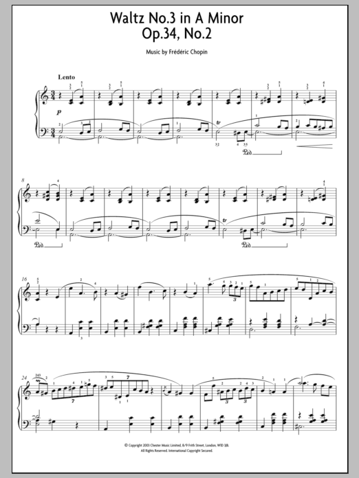 Frederic Chopin Waltz No. 3 In A Minor, Op. 34, No. 2 Sheet Music Notes & Chords for Piano - Download or Print PDF