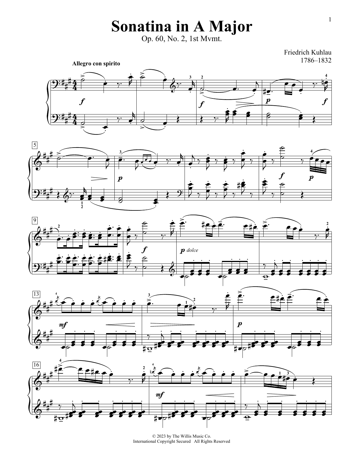Frederic Kuhlau Sonatina In A Major, Op. 60, No. 2, 1st Mvmt Sheet Music Notes & Chords for Educational Piano - Download or Print PDF