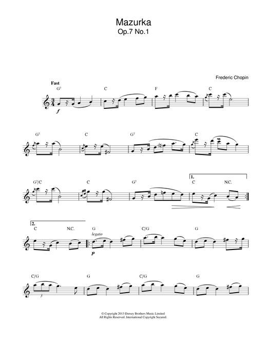 Preview Frederic Chopin Mazurka Op.7, No.1 Classical sheet music, notes and chords for Melody Line & Chords, SKU: 13989 Mazurka Op.7, No.1 sheet music