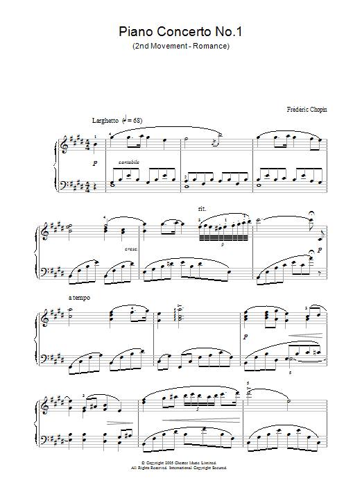 Preview Frederic Chopin Piano Concerto No.1 (2nd Movement - Romance) Classical sheet music, notes and chords for Piano, SKU: 33680 Piano Concerto No.1 (2nd Movement - Romance) sheet music
