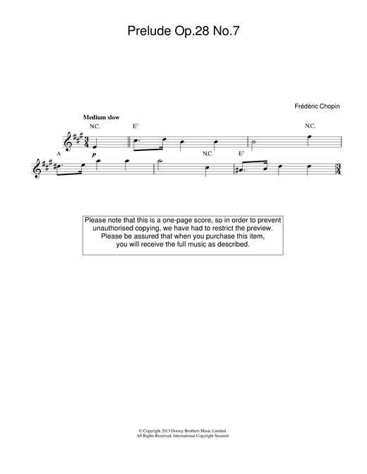 Preview Frederic Chopin Prelude in A Major, Op.28, No.7 Classical sheet music, notes and chords for Melody Line & Chords, SKU: 13993 Prelude in A Major, Op.28, No.7 sheet music