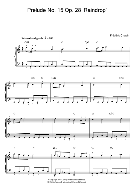 Frederic Chopin Prelude No.15, Op.28 'Raindrop' Sheet Music Notes & Chords for Beginner Piano - Download or Print PDF