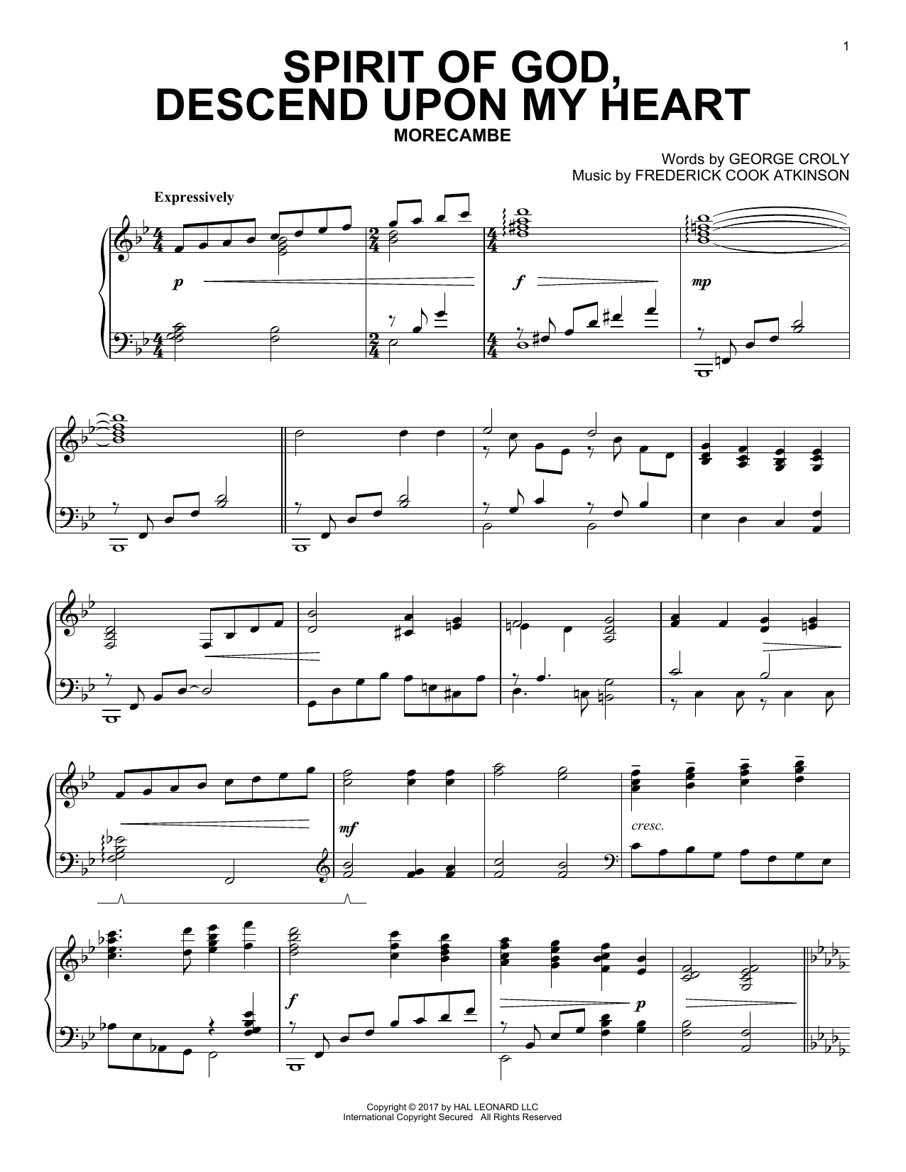 Frederick Cook Atkinson Spirit Of God, Descend Upon My Heart Sheet Music Notes & Chords for Piano - Download or Print PDF