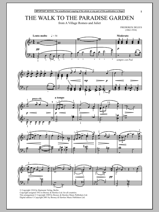 Frederick Delius A Village Romeo And Juliet, The Walk To The Paradise Garden Sheet Music Notes & Chords for Piano - Download or Print PDF