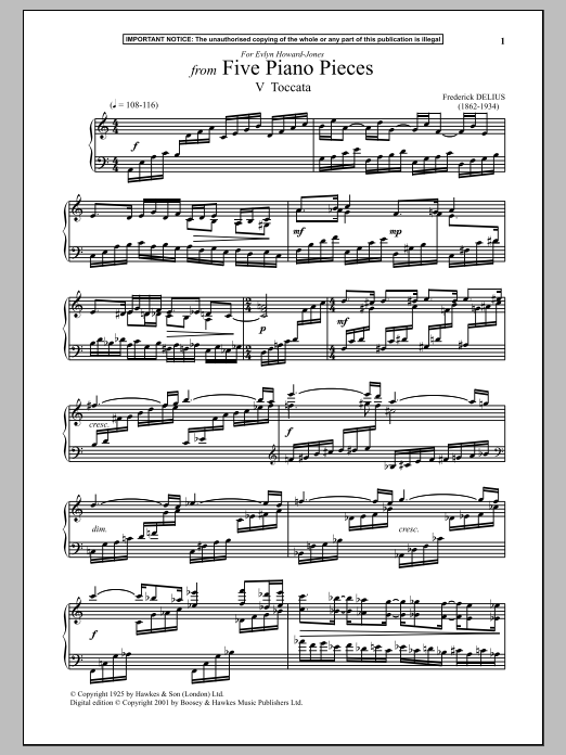 Frederick Delius Five Piano Pieces, V. Toccata Sheet Music Notes & Chords for Piano - Download or Print PDF