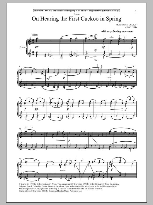 Frederick Delius On Hearing The First Cuckoo In Spring Sheet Music Notes & Chords for Piano Duet - Download or Print PDF