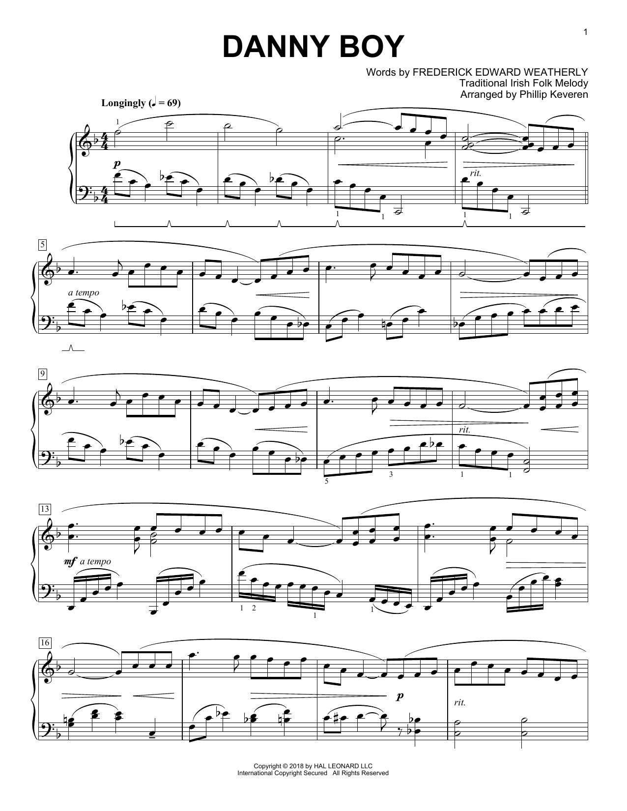 Frederick Edward Weatherly Danny Boy [Classical version] (arr. Phillip Keveren) Sheet Music Notes & Chords for Piano - Download or Print PDF