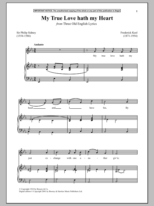 Frederick Keel My True Love Hath My Heart (from Three Old English Lyrics) Sheet Music Notes & Chords for Piano & Vocal - Download or Print PDF