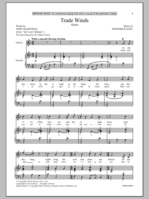 Frederick Keel Trade Winds (Alizes) Sheet Music Notes & Chords for Piano & Vocal - Download or Print PDF