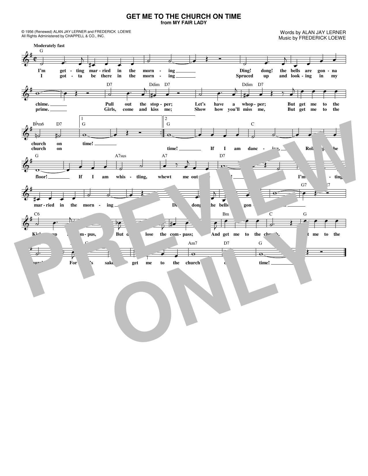 Frederick Loewe Get Me To The Church On Time Sheet Music Notes & Chords for Melody Line, Lyrics & Chords - Download or Print PDF
