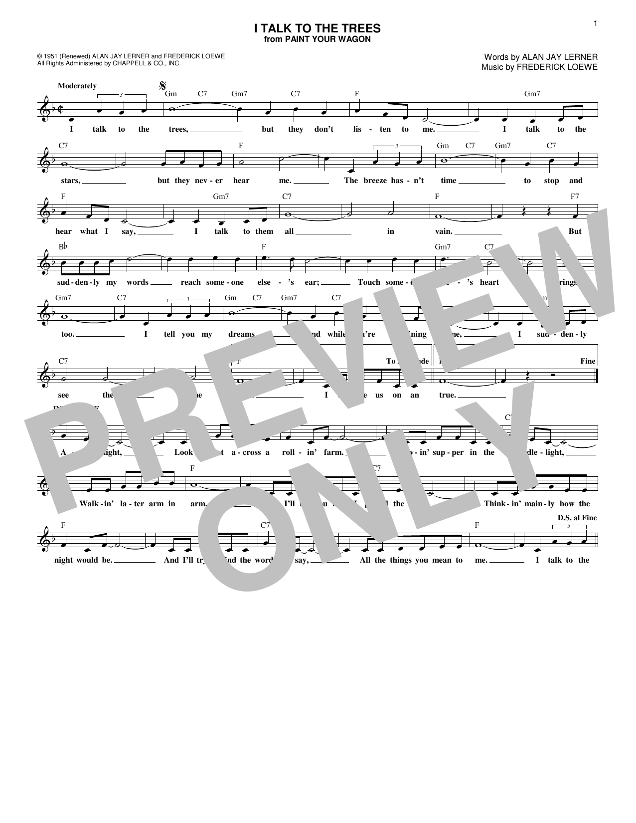 Frederick Loewe I Talk To The Trees Sheet Music Notes & Chords for Melody Line, Lyrics & Chords - Download or Print PDF