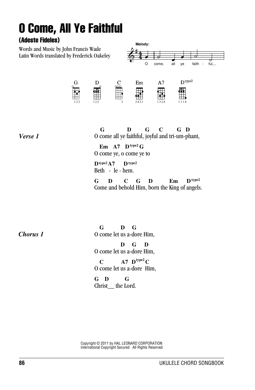 Frederick Oakeley O Come, All Ye Faithful (Adeste Fideles) Sheet Music Notes & Chords for Ukulele with strumming patterns - Download or Print PDF