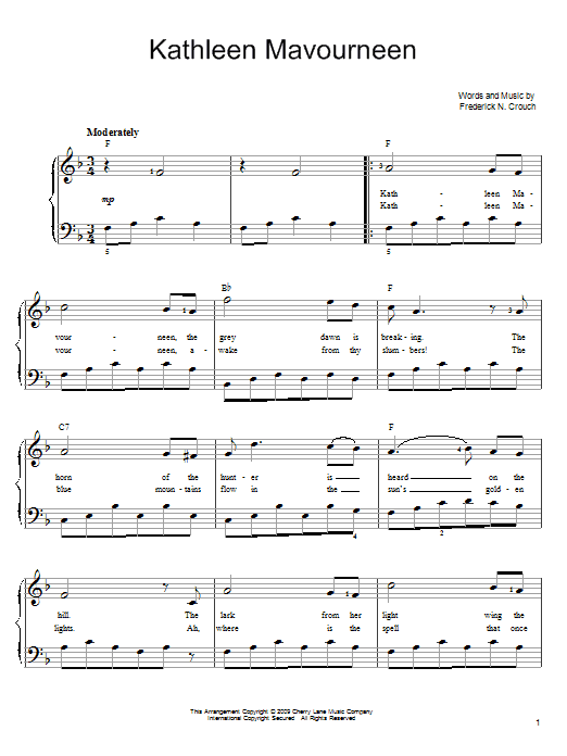 Preview Frederick N. Crouch Kathleen Mavoureen World sheet music, notes and chords for Easy Piano, SKU: 71939 Kathleen Mavoureen sheet music