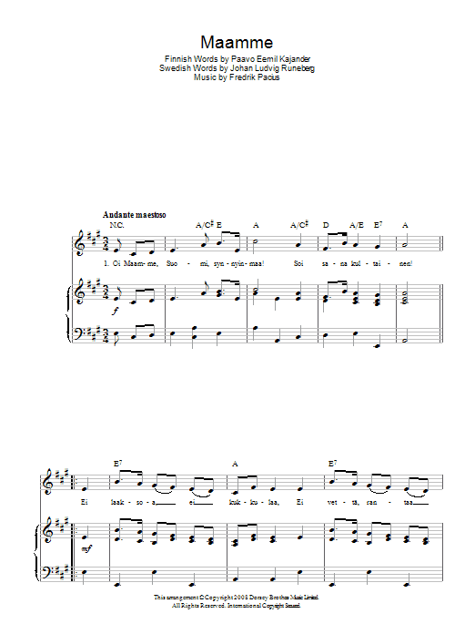 Fredrik Pacius Maamme (Finnish National Anthem) Sheet Music Notes & Chords for Piano, Vocal & Guitar (Right-Hand Melody) - Download or Print PDF
