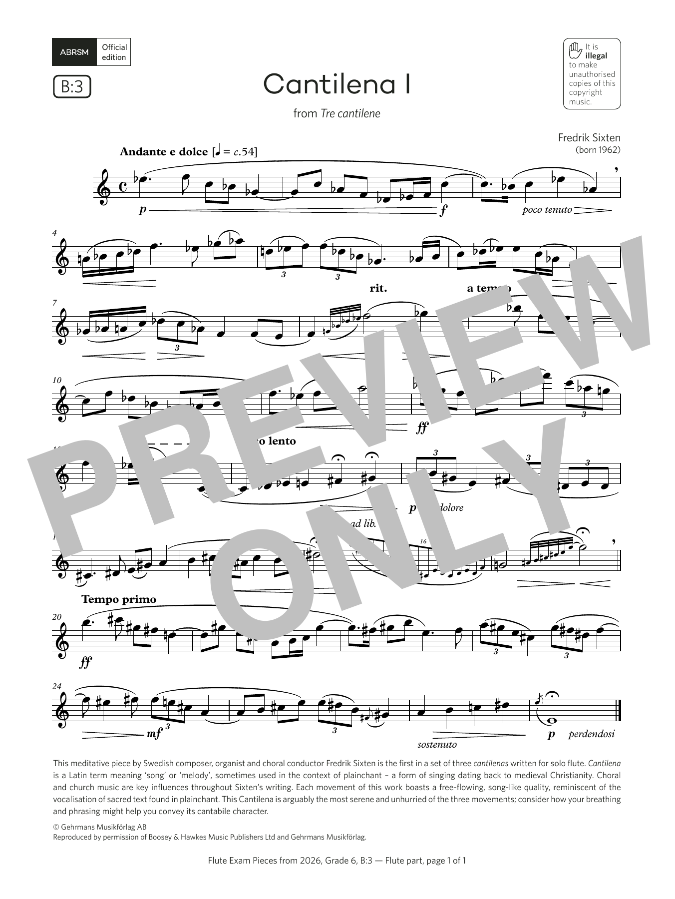 Fredrik Sixten Cantilena I (Grade 6, list B3, from the ABRSM Flute Syllabus from 2026) Sheet Music Notes & Chords for Flute Solo - Download or Print PDF Fredrik Sixten Cantilena I (Grade 6, list B3, from the ABRSM Flute Syllabus from 2026) Sheet Music Notes & Chords for Flute Solo - Download or Print PDF