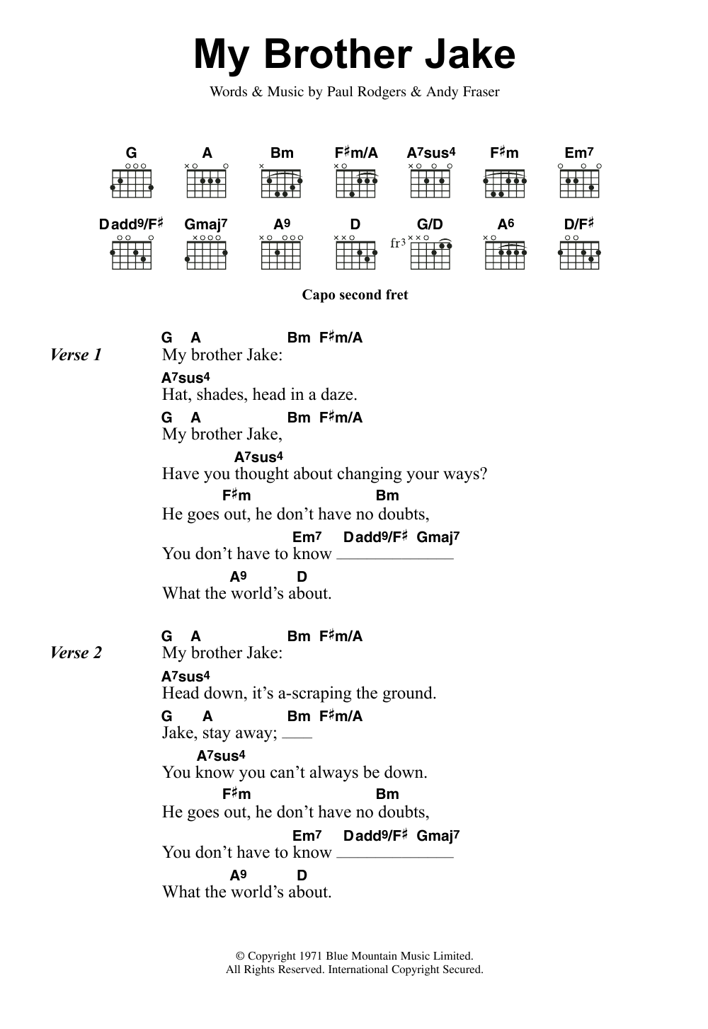 Free My Brother Jake Sheet Music Notes & Chords for Lyrics & Chords - Download or Print PDF