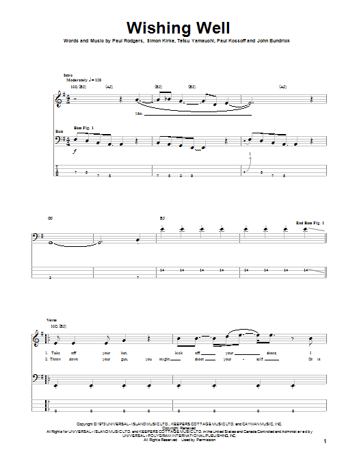 Free Wishing Well Sheet Music Notes & Chords for Bass Guitar Tab - Download or Print PDF