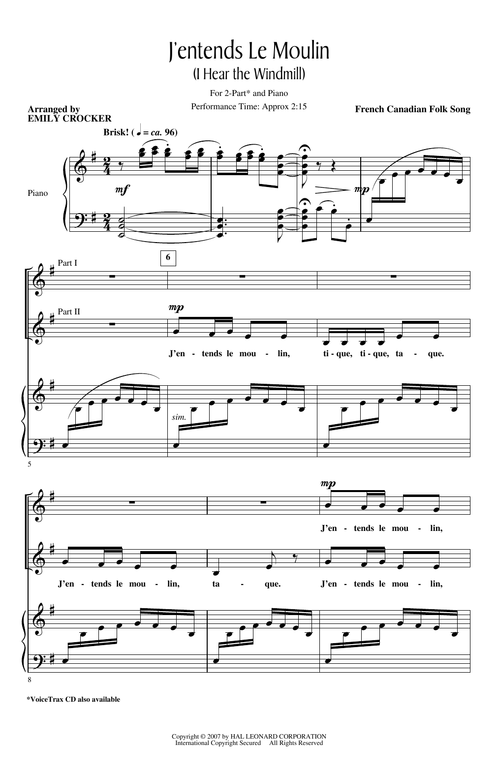 French Canadian Folk Song J'entends Le Moulin (I Hear The Wind Mill) (arr. Emily Crocker) Sheet Music Notes & Chords for 2-Part Choir - Download or Print PDF